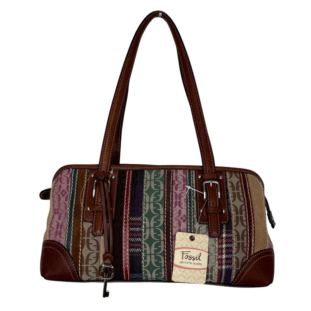 Fossil Signature Patchwork Double Handle Satchel Bag NWT Y2K Multicolor